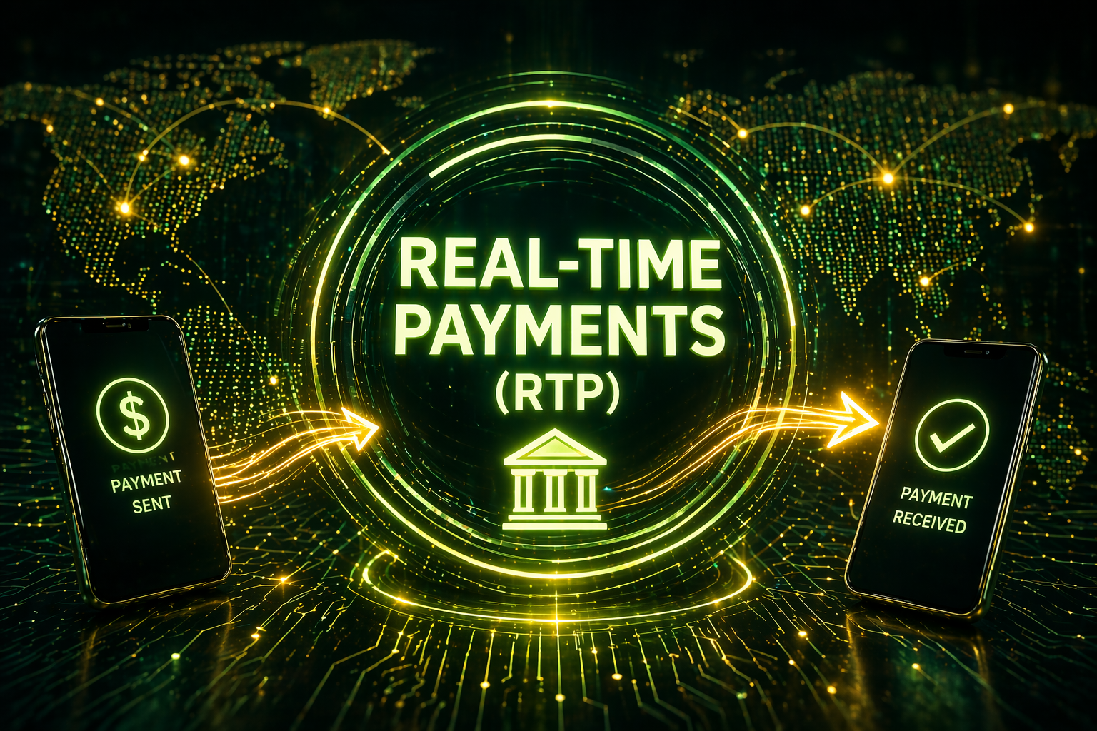 Diagram of money moving instantly between two phones and a bank over a glowing world map, representing real-time payments.