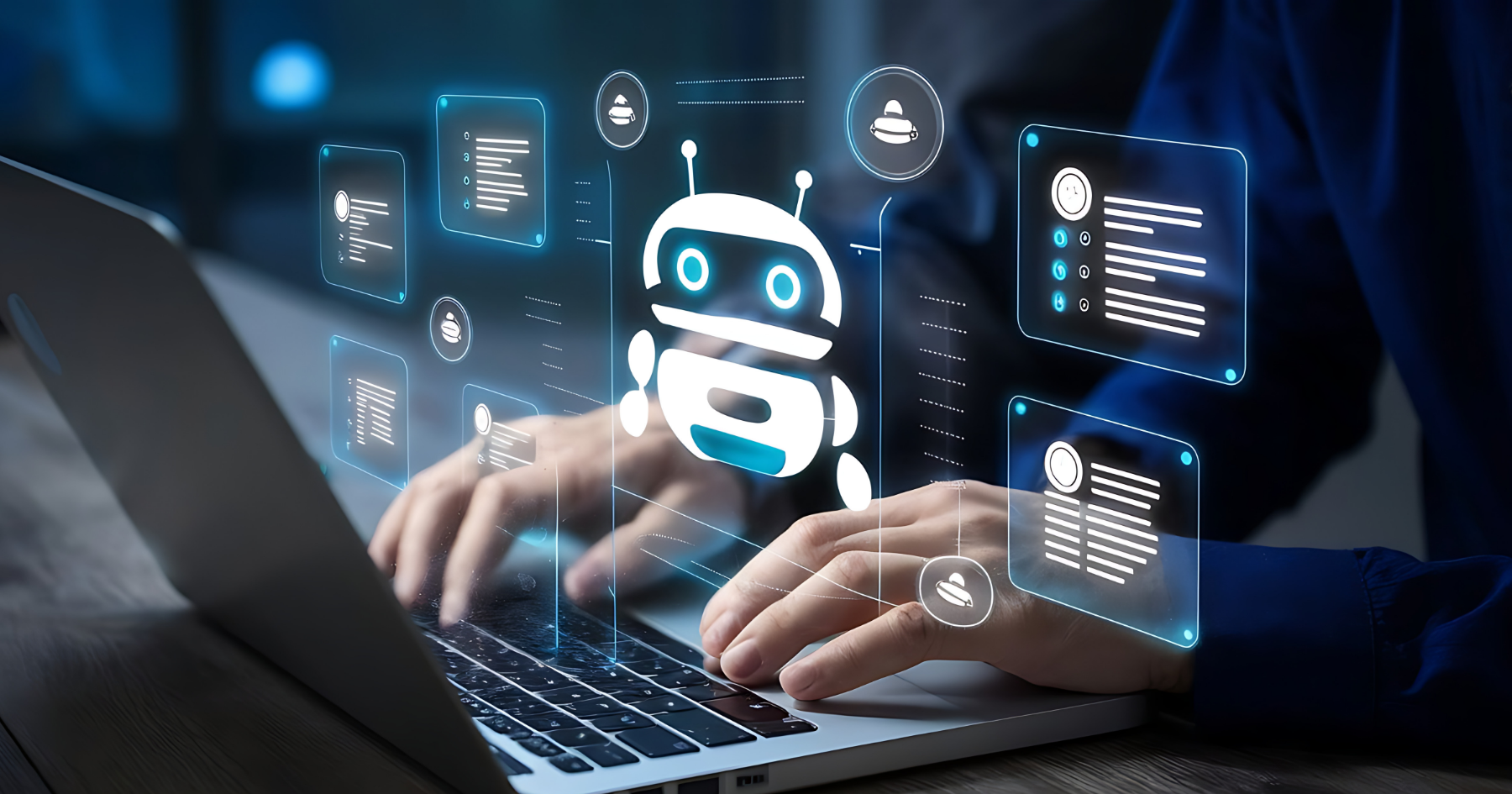 Person typing on a laptop while a chatbot hologram handles retail service messages, representing retail automation.