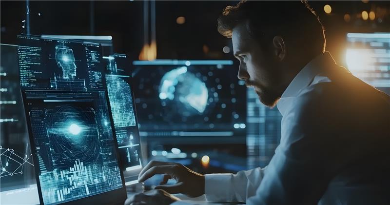 Analyst studying holographic risk dashboards on multiple screens, representing risk mitigation.