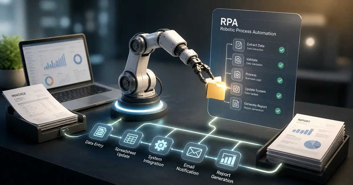 Robotic arm moving documents through an automated workflow beside an RPA task checklist, representing robotic process automation.