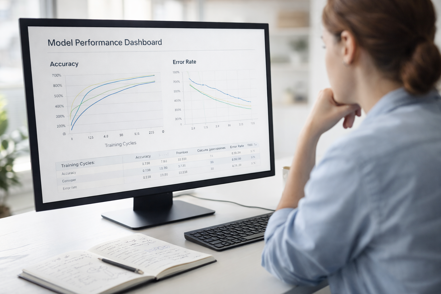 Analyst reviewing a model performance dashboard with accuracy improving over time, representing self-learning systems.