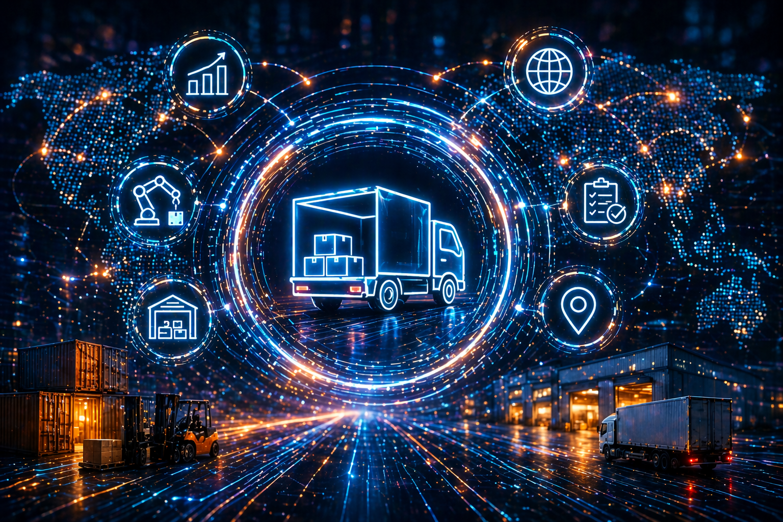 Glowing digital ring surrounding a delivery truck connected to logistics icons, representing supply chain transformation.