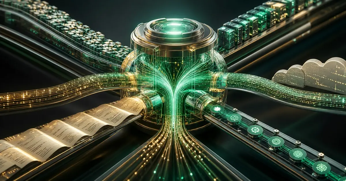 Streams of documents and data converging into a central glowing hub, representing unified AI systems.