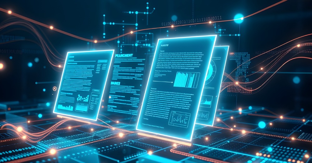 Glowing digital documents flowing along connected orange threads, representing workflow automation.