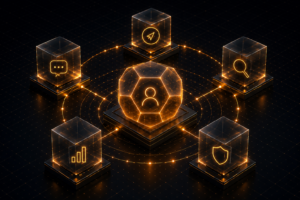 Futuristic AI advisory system with central intelligence hub connected to decision, analysis, and communication components.