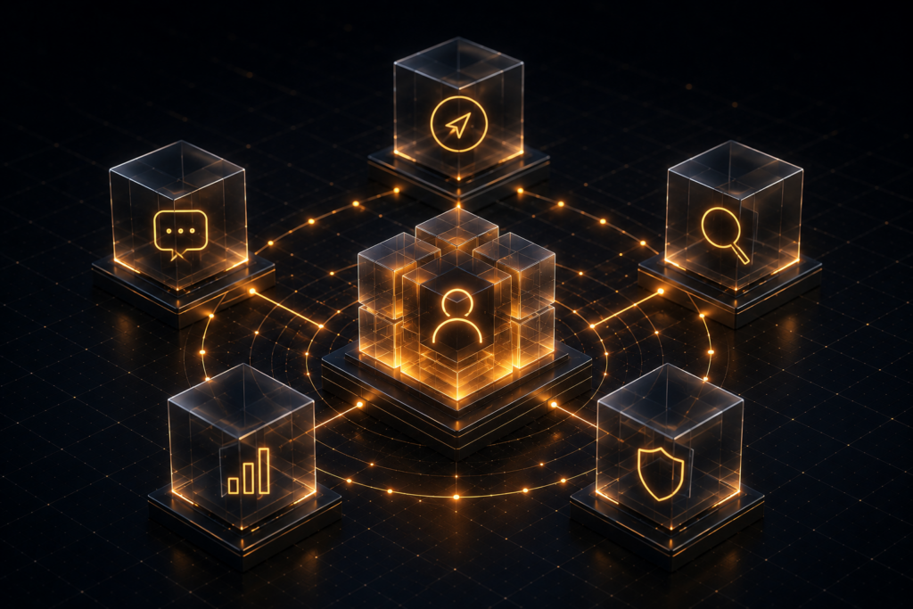 Futuristic AI advisory system with central intelligence hub connected to decision, analysis, and communication components.