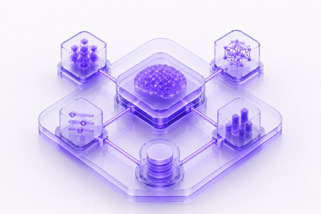 Futuristic 3D visualization of interconnected AI system modules and orchestration architecture in glowing purple materials.
