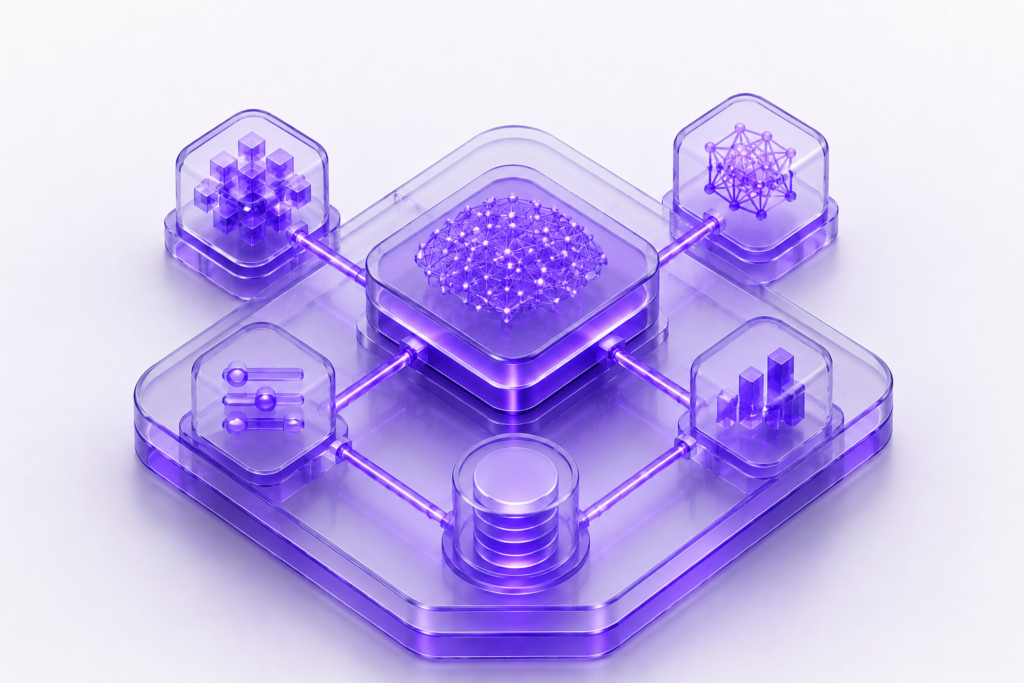 Futuristic AI engineering architecture with glowing neural network core connected to modular AI system components.