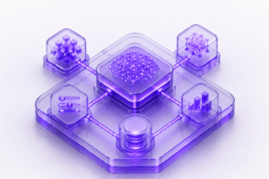 Futuristic AI engineering architecture with glowing neural network core connected to modular AI system components.