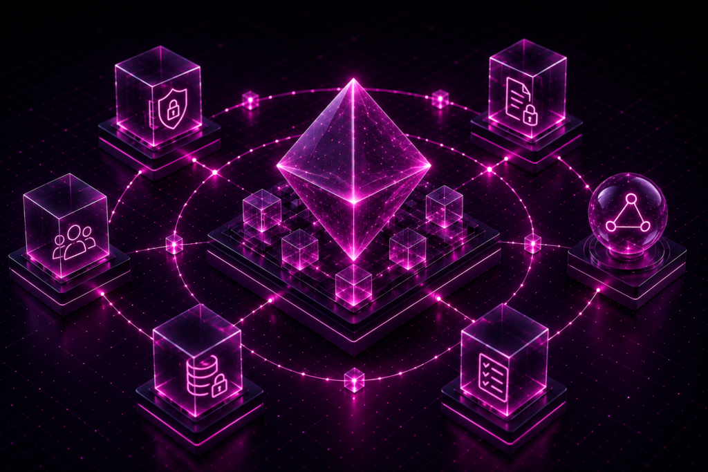 Futuristic octahedron core connected to secure systems representing AI governance and enterprise security architecture.
