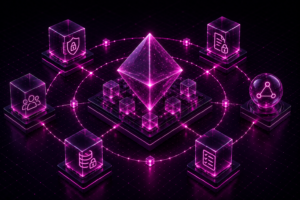 Futuristic octahedron core connected to secure systems representing AI governance and enterprise security architecture.