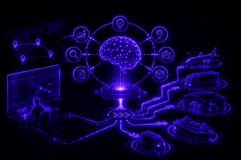Futuristic AI system connecting data insights to logistics operations including trucks, planes, warehouses, and global supply chain networks.
