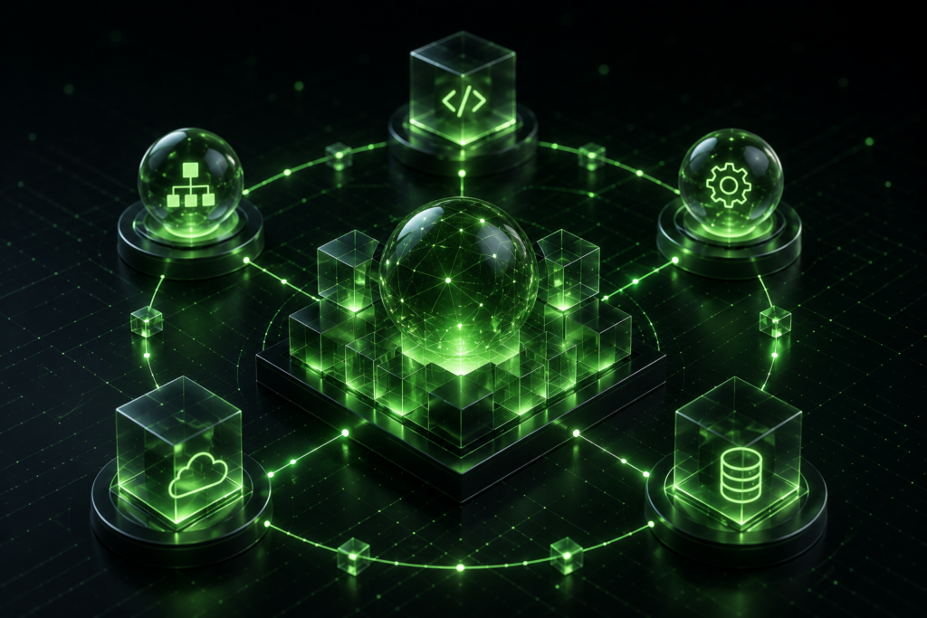 Futuristic AI engineering system with central sphere and connected cubes representing AI-native architecture and development.