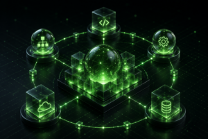 Futuristic AI engineering system with central sphere and connected cubes representing AI-native architecture and development.