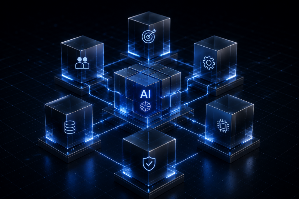 Futuristic AI core cube connected to multiple system components representing an enterprise AI operating model.