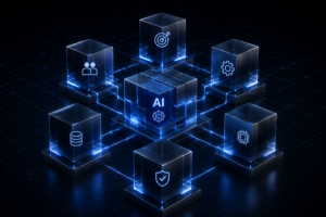 Futuristic AI core cube connected to multiple system components representing an enterprise AI operating model.