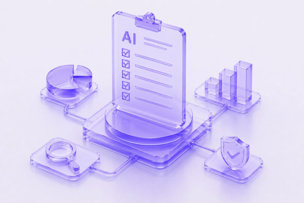 Futuristic 3D illustration of an AI readiness assessment dashboard with audit, analytics, governance, and evaluation symbols.