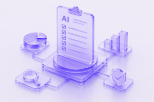 Futuristic 3D illustration of an AI readiness assessment dashboard with audit, analytics, governance, and evaluation symbols.