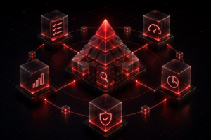 Futuristic pyramid and cube system representing AI readiness assessment and evaluation across enterprise systems.
