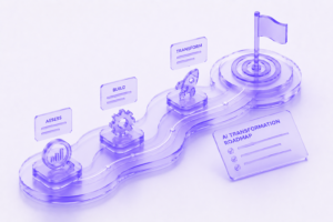 Futuristic 3D roadmap illustration showing enterprise AI transformation milestones leading toward scalable implementation and growth.