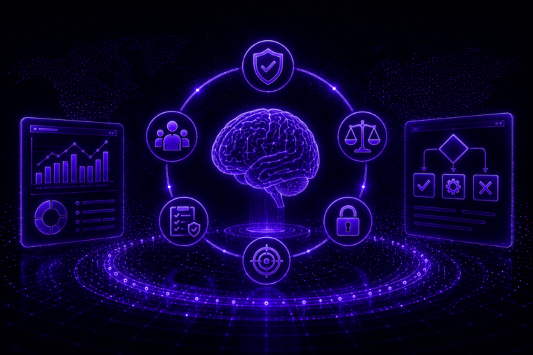 Futuristic AI brain with governance, security, and compliance icons representing responsible AI and controlled decision-making systems.