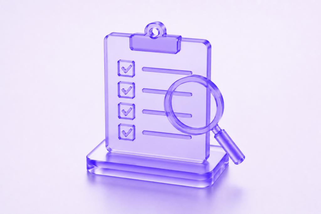Minimal futuristic 3D audit and oversight illustration with checklist clipboard and magnifying glass in translucent purple glass style.