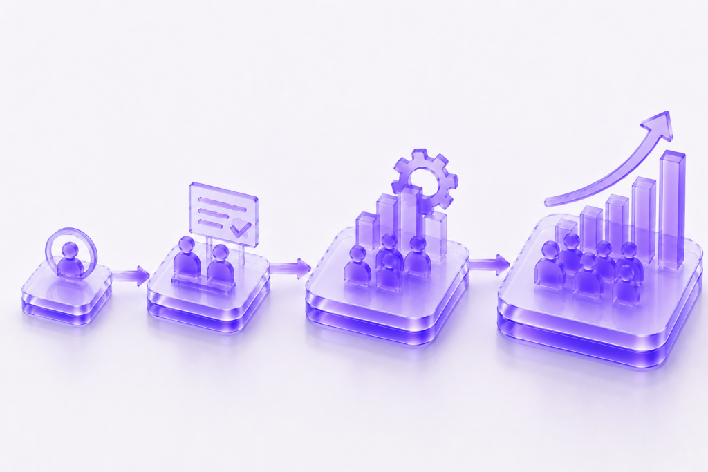 Futuristic 3D illustration showing progressive enterprise AI adoption through connected growth stages and team enablement.