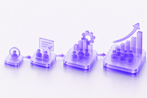 Futuristic 3D illustration showing progressive enterprise AI adoption through connected growth stages and team enablement.