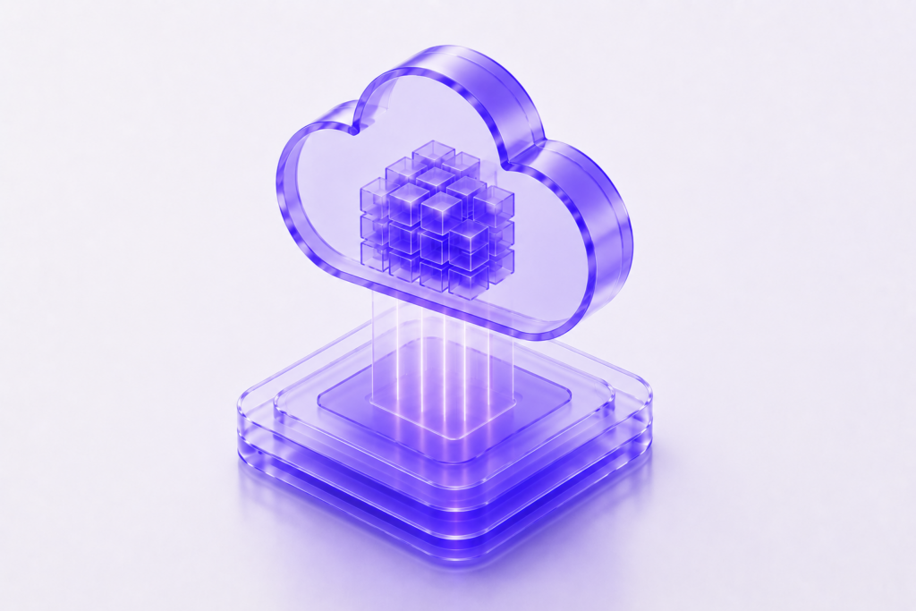 Minimal futuristic 3D cloud infrastructure illustration with glowing translucent cloud and enterprise data platform.