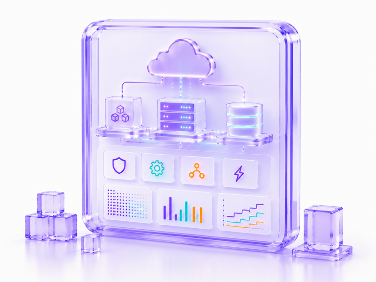 Futuristic cloud infrastructure dashboard with servers, data systems, and performance charts representing scalable cloud operations.