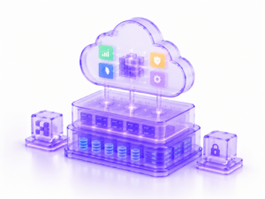 Futuristic cloud platform with connected servers, data storage, and infrastructure components representing manufacturing cloud transformation.