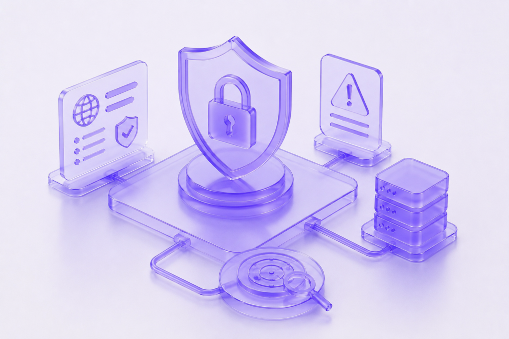 Futuristic 3D cybersecurity illustration with shield, lock, monitoring panels, and protected enterprise infrastructure.