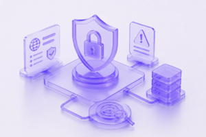 Futuristic 3D cybersecurity illustration with shield, lock, monitoring panels, and protected enterprise infrastructure.
