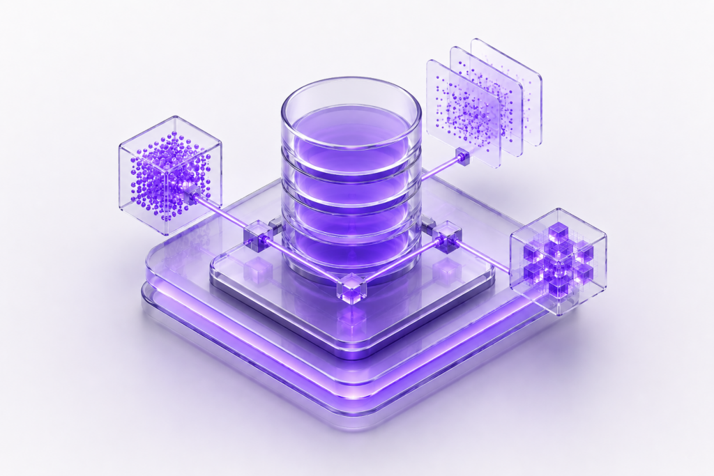 Futuristic 3D data engineering architecture with glowing purple database and connected data modules.