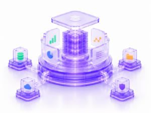 Futuristic data platform with central data core connected to analytics, cloud, and storage components in a manufacturing environment.