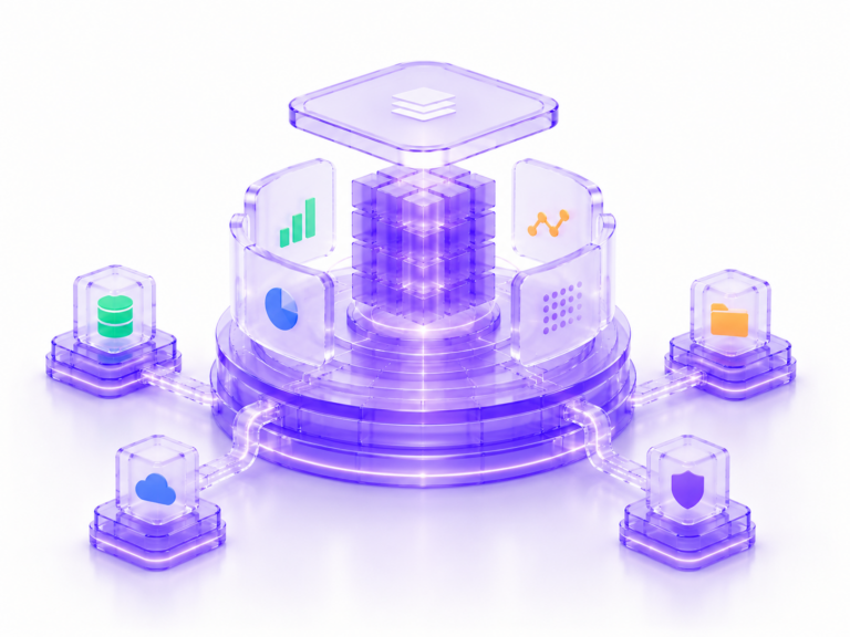 Futuristic data platform with central data core connected to analytics, cloud, and storage components in a manufacturing environment.