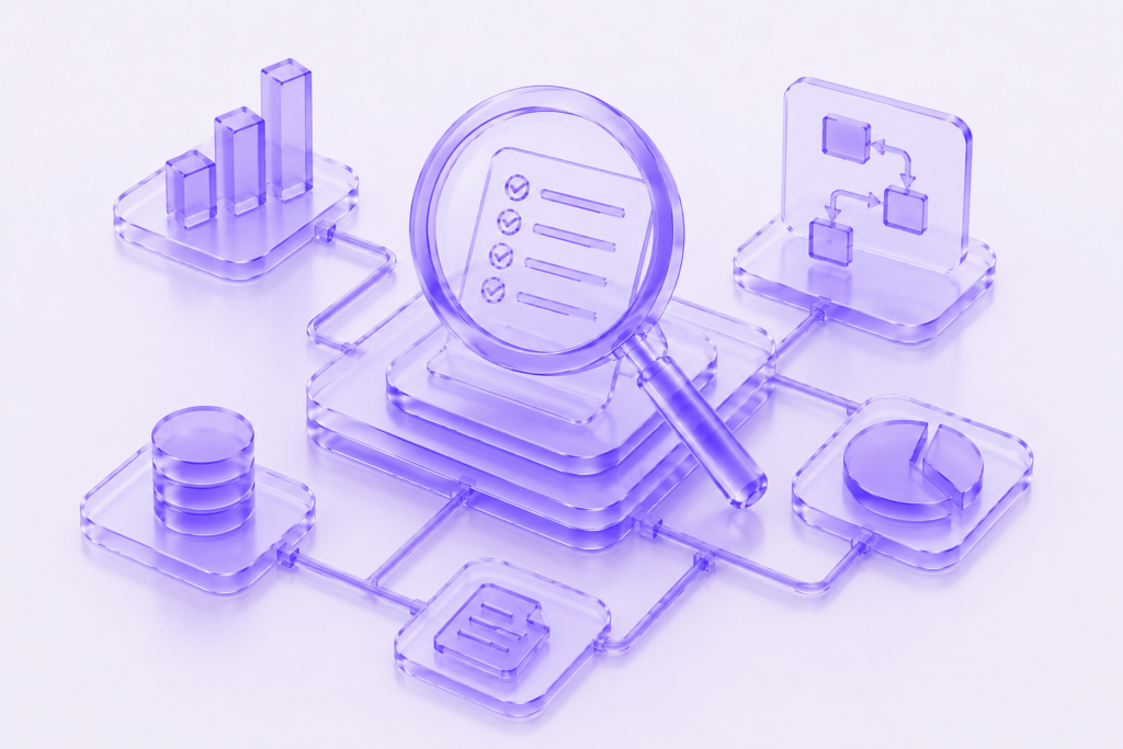 Futuristic 3D illustration of a magnifying glass auditing enterprise data, workflows, analytics, and process systems.