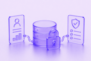 Minimal futuristic 3D illustration with secure database, lock, compliance panels, and protected data controls in translucent purple glass style.