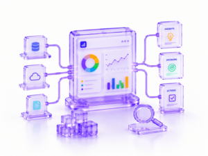 Futuristic analytics dashboard with colorful charts and connected data sources showing decision intelligence and real-time visibility in logistics systems.