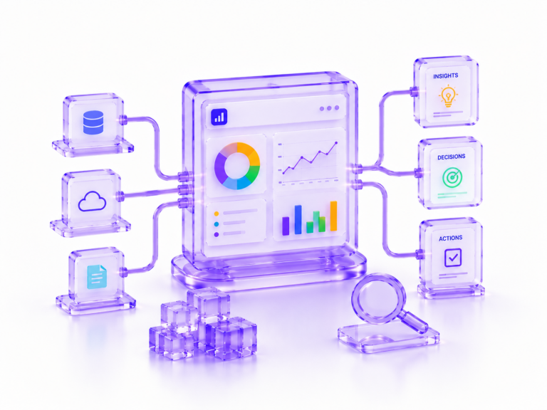 Futuristic analytics dashboard with colorful charts and connected data sources showing decision intelligence and real-time visibility in logistics systems.