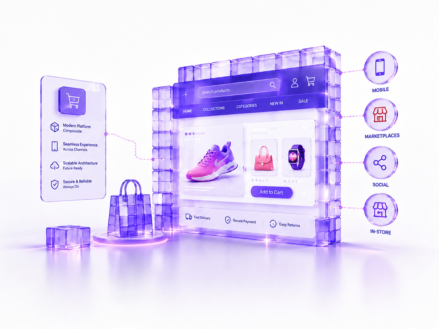 Futuristic ecommerce interface with colorful products and transparent purple UI representing omnichannel retail and digital commerce platforms.