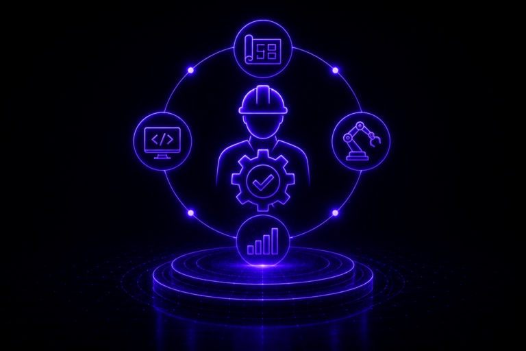 Futuristic engineer icon connected to robotics, code, and performance systems representing engineering-led manufacturing delivery.