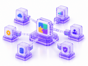 Futuristic modular system connecting cloud, data, analytics, and operations through a central integration platform.