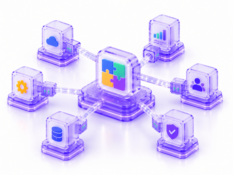 Futuristic modular system connecting cloud, data, analytics, and operations through a central integration platform.