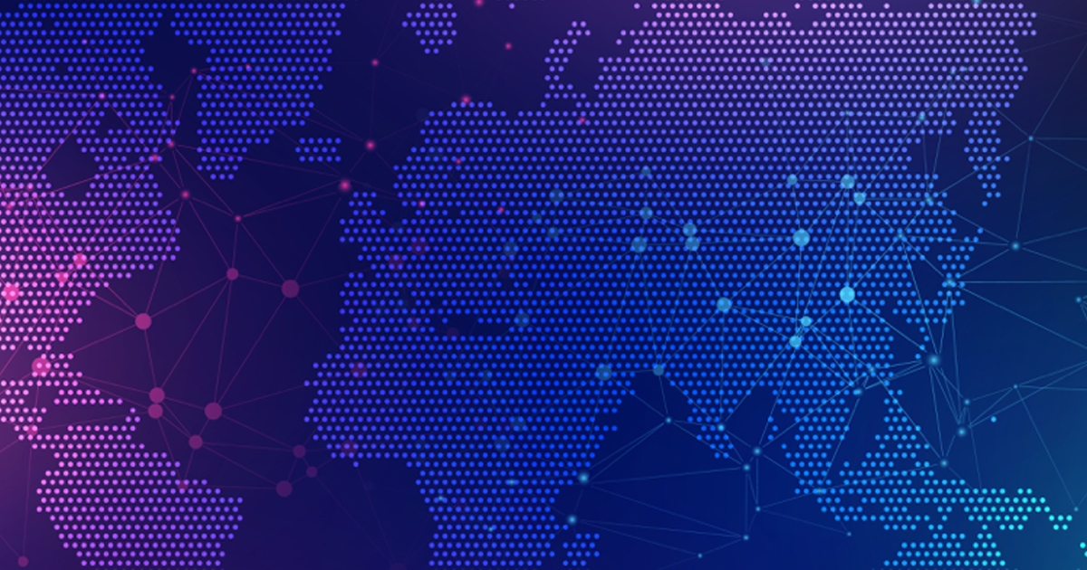 Dotted world map in purple and blue tones.