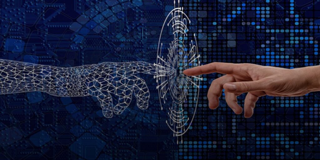 Digital wireframe hand reaching toward a human finger through a circuit pattern.