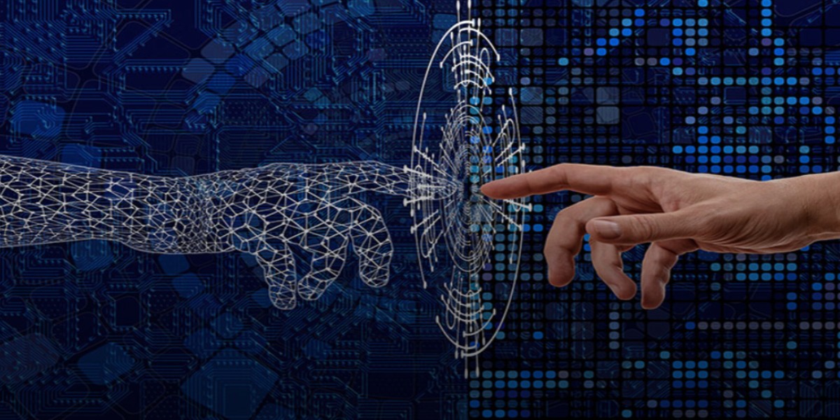 Digital wireframe hand reaching toward a human finger through a circuit pattern.