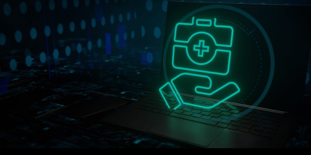 Neon icon of a hand holding a medical kit on a dark digital background.