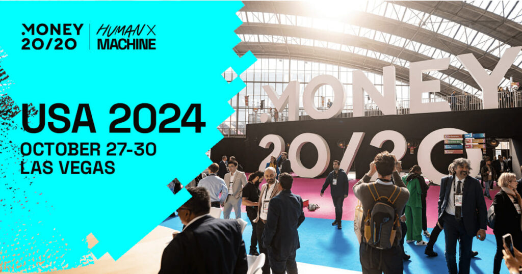 Money 20/20 USA 2024 banner, October 27 to 30, Las Vegas, with attendees on the show floor.
