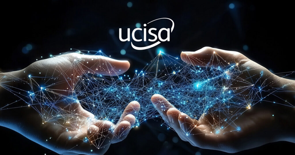 Two hands holding a glowing network of connections with the UCISA logo.
